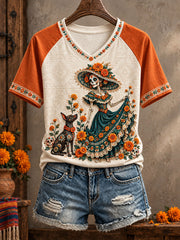 Women's Mexico Day of The Dead Floral Art Printed T-shirt