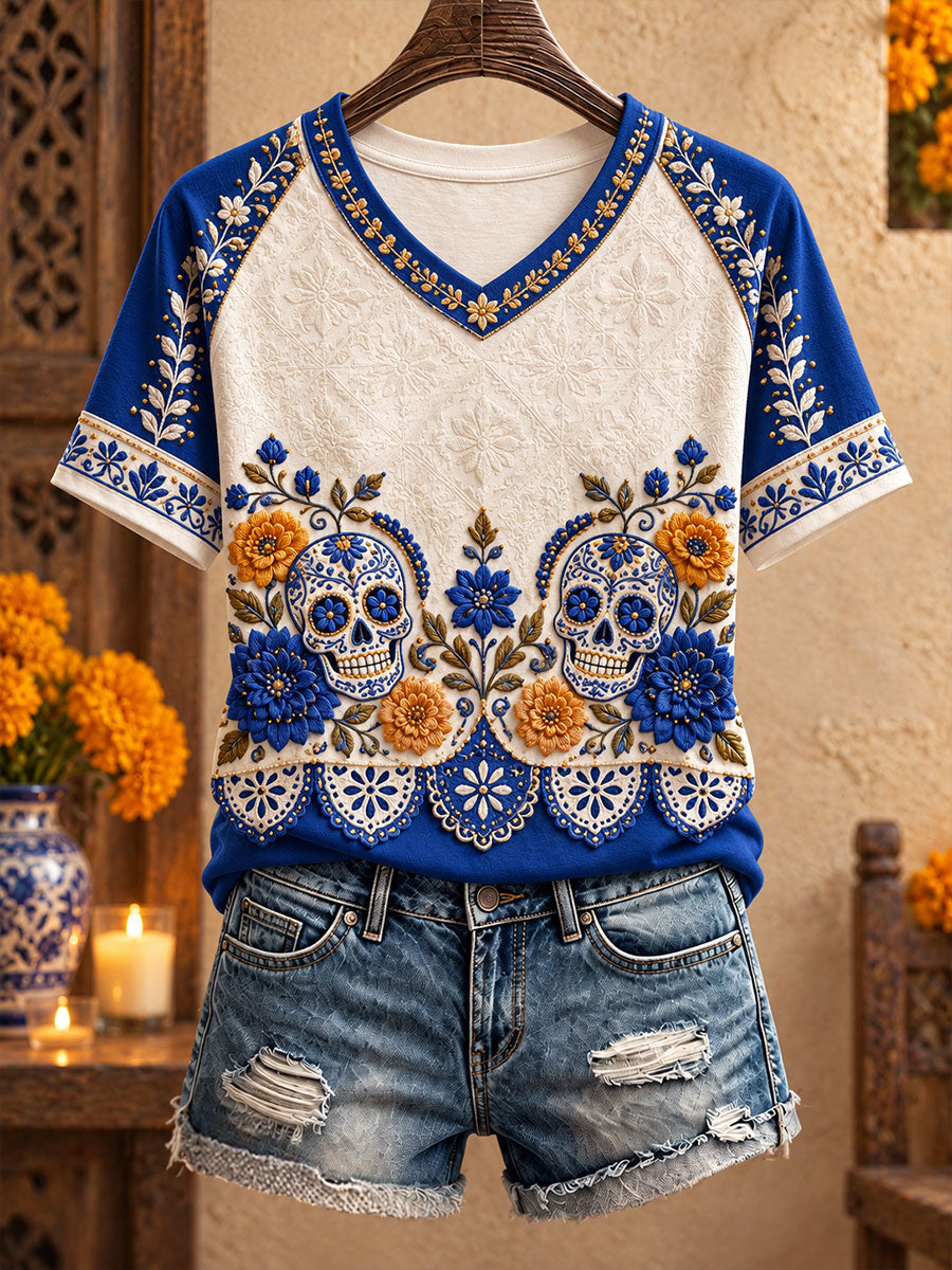 Women's Mexico Day of The Dead Floral Art Printed T-shirt