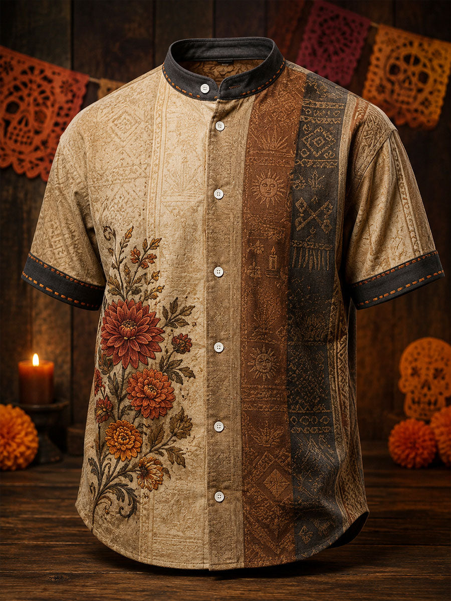 Men's Mexico Day of The Dead Floral Art Printed Shirt
