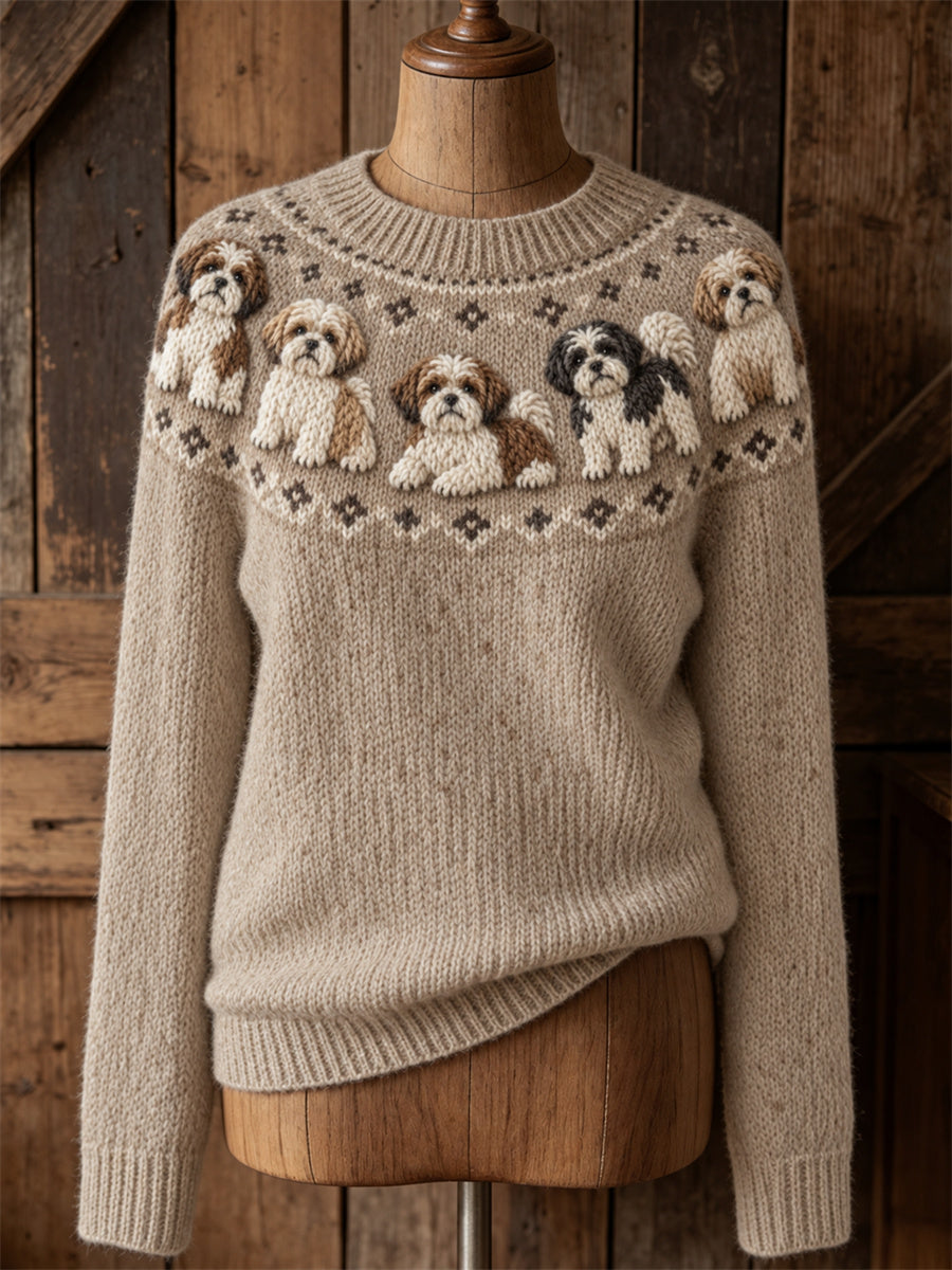 Women's Vintage Shih Tzu Dogs Yoke Isle Print Cozy crew neck sweater