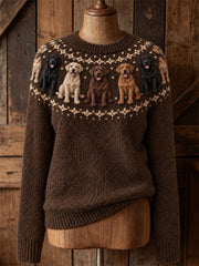 Women's Vintage Labrador Dogs Yoke Isle Print Cozy crew neck sweater