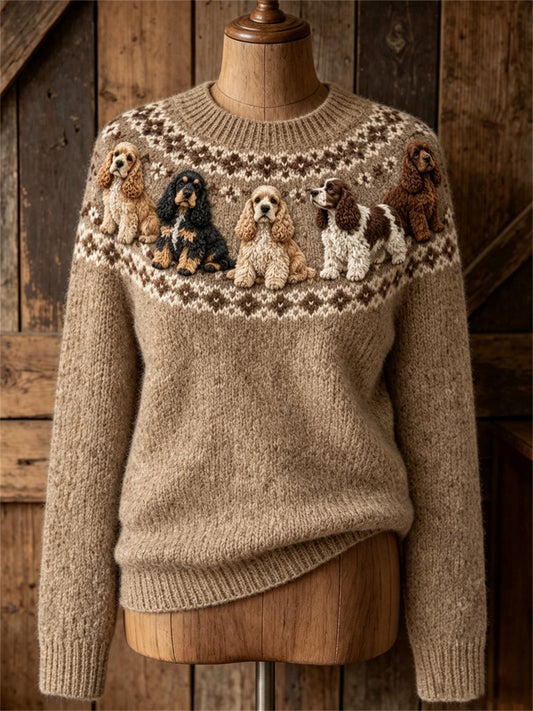 Women's Vintage Lovely Cocker Spaniel Dogs Yoke Isle Print crew neck sweater