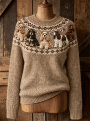 Women's Vintage Lovely Cocker Spaniel Dogs Yoke Isle Print crew neck sweater