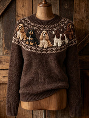 Women's Vintage Lovely Cocker Spaniel Dogs Yoke Isle Print crew neck sweater