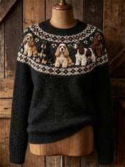 Women's Vintage Lovely Cocker Spaniel Dogs Yoke Isle Print crew neck sweater