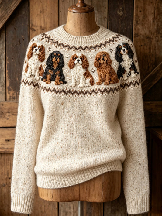 Women's Vintage Cavalier Dogs Yoke Isle Print Cozy crew neck sweater
