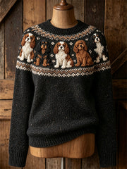 Women's Vintage Cavalier Dogs Yoke Isle Print Cozy crew neck sweater