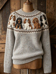 Women's Vintage Cavalier Dogs Yoke Isle Print Cozy crew neck sweater
