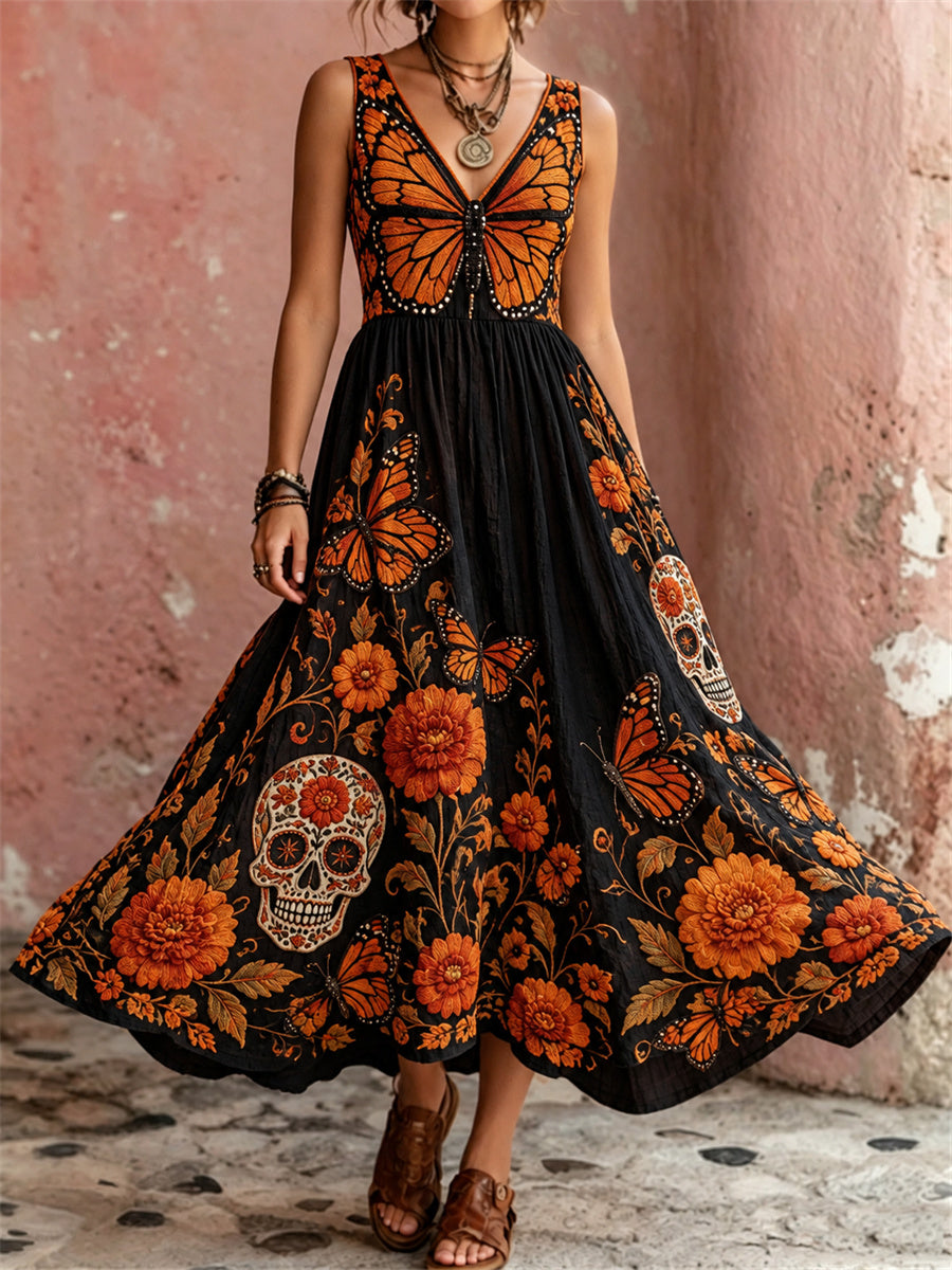Women's Day of the Dead Butterfly Sugar Skulls Marigolds Floral Print Maxi Dress