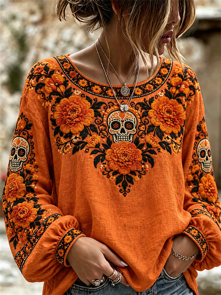 Women's Day of the Dead Sugar Skull Mexican Marigolds Floral Print Shirt