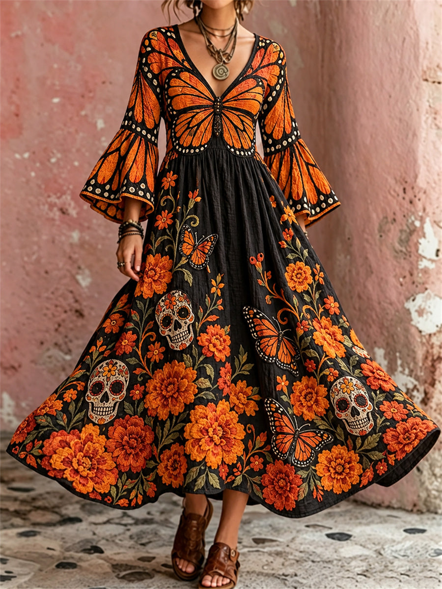 Women's Day of the Dead Butterfly Sugar Skulls Marigolds Floral Print Maxi Dress