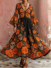 Women's Day of the Dead Butterfly Sugar Skulls Marigolds Floral Print Maxi Dress