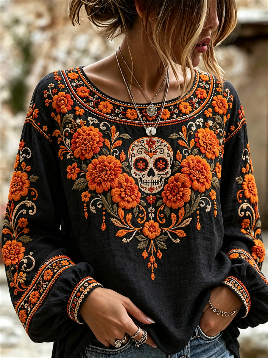 Women's Day of the Dead Sugar Skull Mexican Marigolds Floral Print Shirt