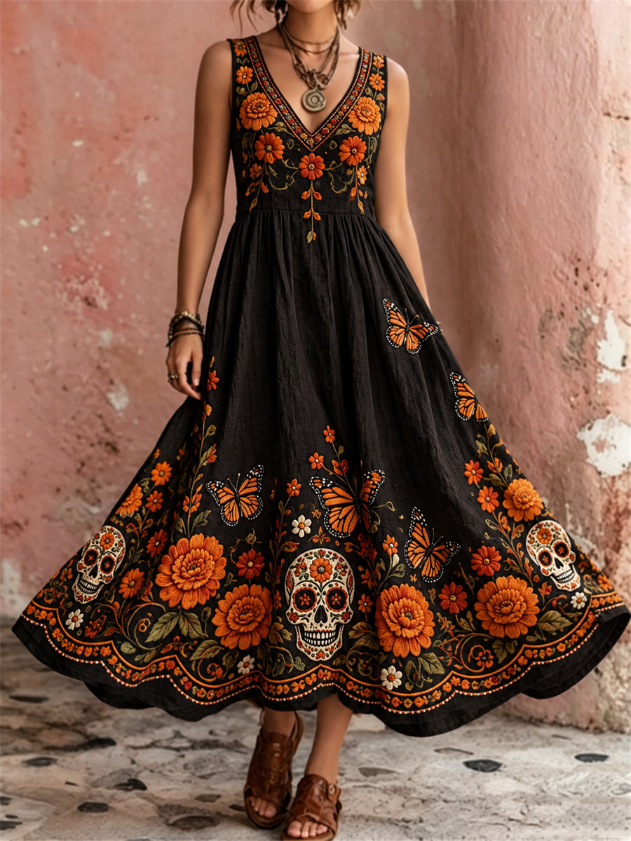 Women's Day of the Dead Sugar Skulls Marigolds Floral Print Maxi Dress