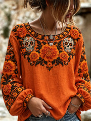 Women's Day of the Dead Sugar Skulls Mexican Marigolds Floral Print Shirt
