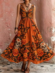 Women's Day of the Dead Butterfly Sugar Skulls Marigolds Floral Print Maxi Dress