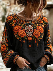Women's Day of the Dead Sugar Skull Mexican Marigolds Floral Print Shirt