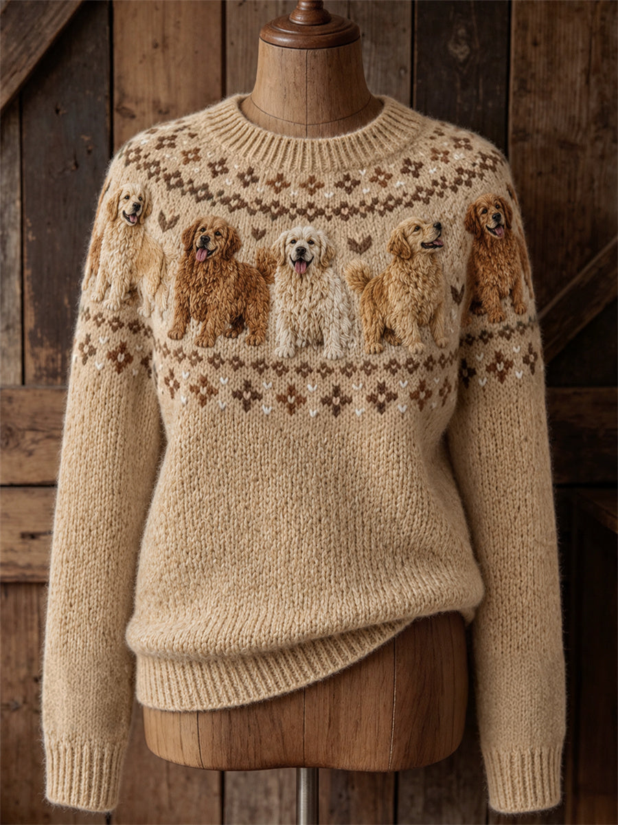 Women's Vintage Golden Retriever Dogs Yoke Isle Print crew neck sweater