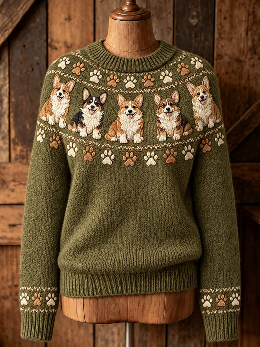 Women's Vintage Cute Corgi Dogs Yoke Isle Print Long-sleeved Sweater