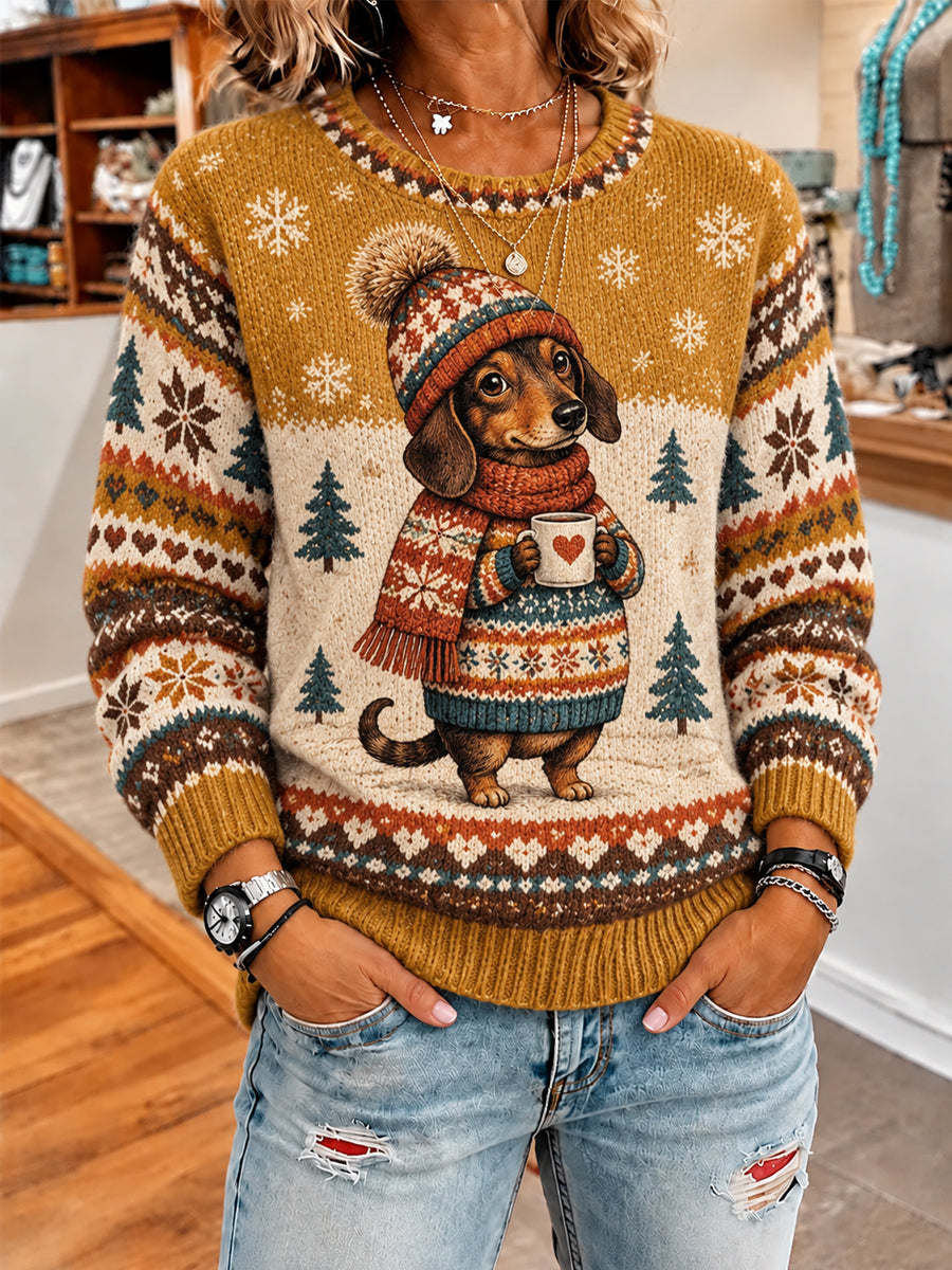 Women's Cute Winter Dog Print Casual Sweater