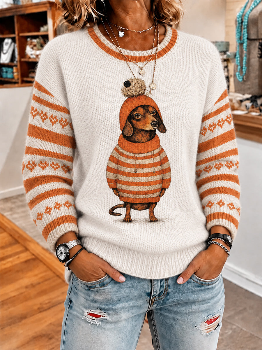 Women's Cute Winter Dachshund Print Casual Sweater