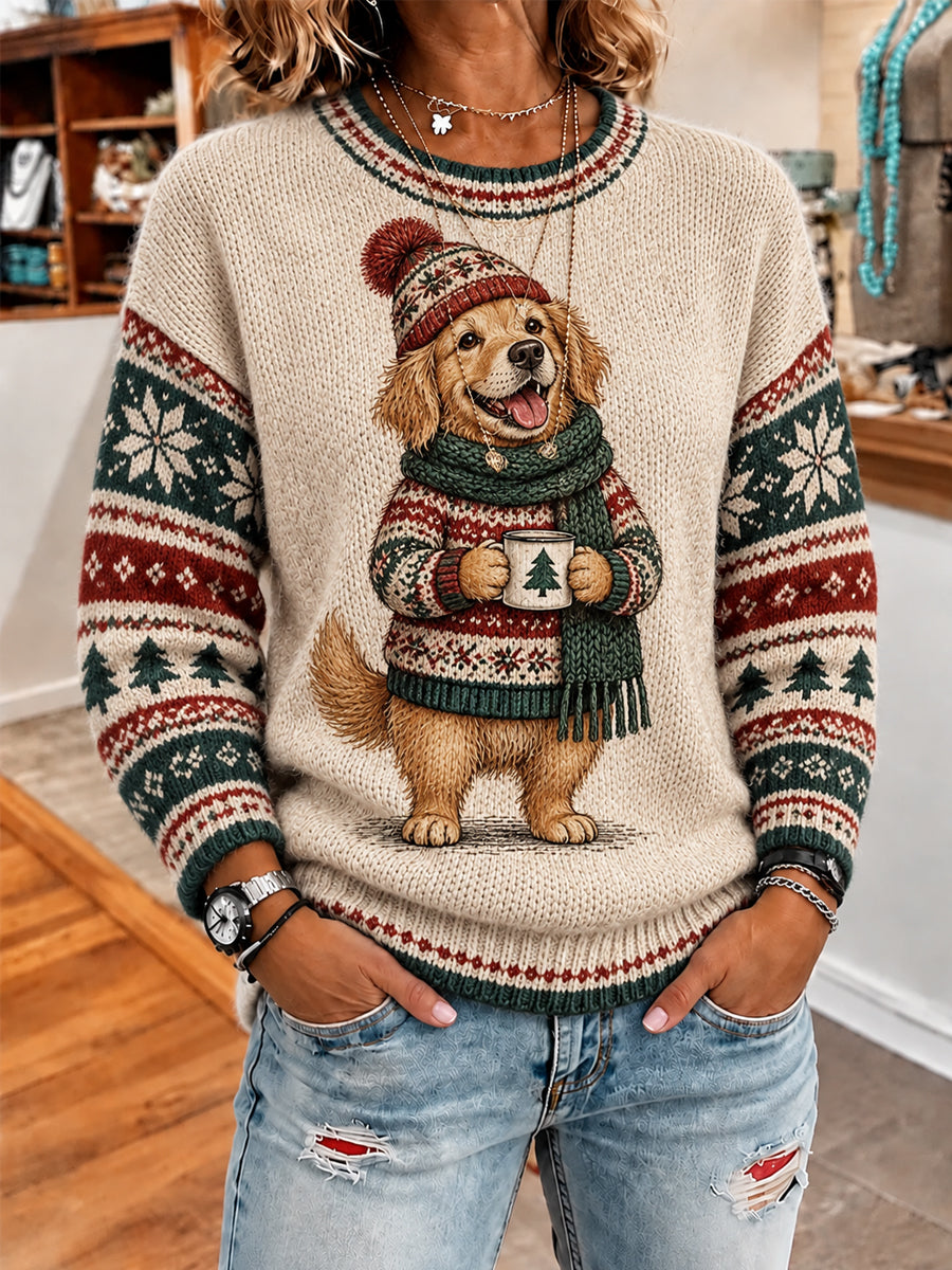Women's Cute Winter Dog Print Casual Sweater