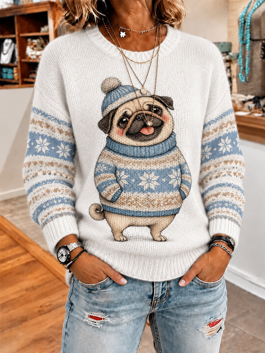 Women's Cute Winter Dog Print Casual Sweater