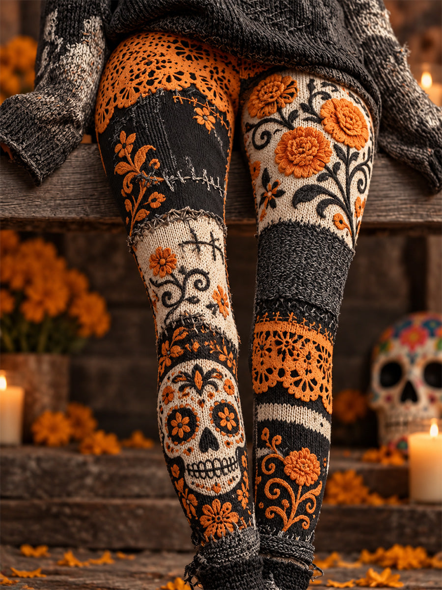 Women's Mexico Day of The Dead Art Print Casual Velvet Leggings