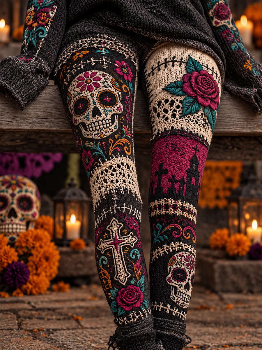 Women's Mexico Day of The Dead Art Print Casual Velvet Leggings