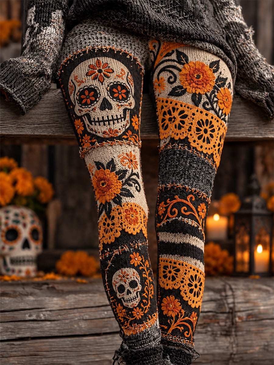 Women's Mexico Day of The Dead Art Print Casual Velvet Leggings