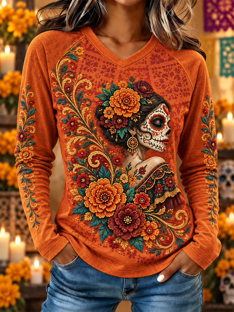 Women's Mexico Day of The Dead Art Print Casual Shirt