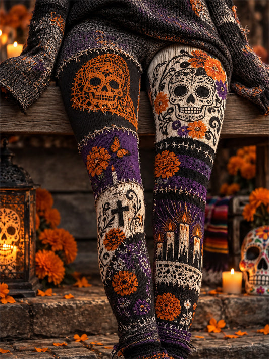 Women's Mexico Day of The Dead Art Print Casual Velvet Leggings