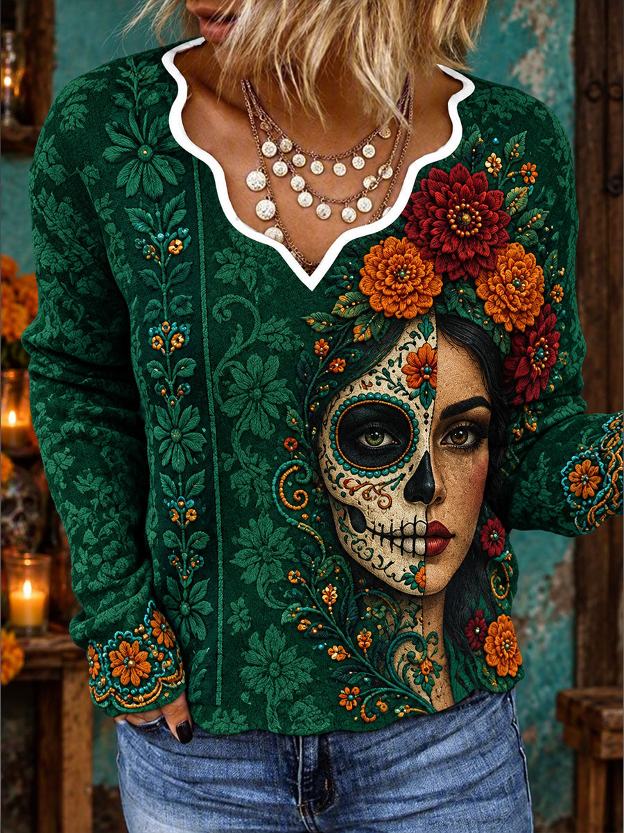 Women's Mexico Day of The Dead Floral Art Printed Tops