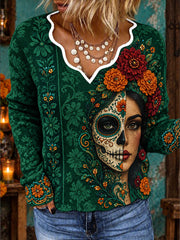 Women's Mexico Day of The Dead Floral Art Printed Tops