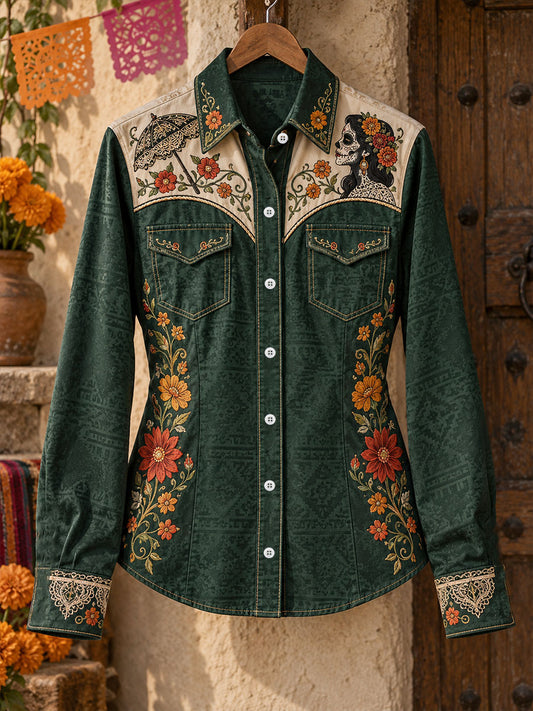 Women's Mexico Day of The Dead Floral Art Printed Shirt