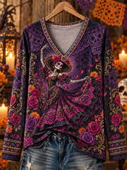 Women's Mexico Day of The Dead Art Print Casual Long Sleeve Shirt