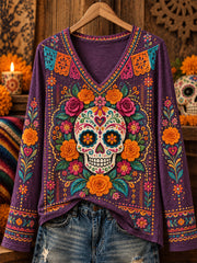 Women's Mexico Day of The Dead Art Print Casual Long Sleeve Shirt
