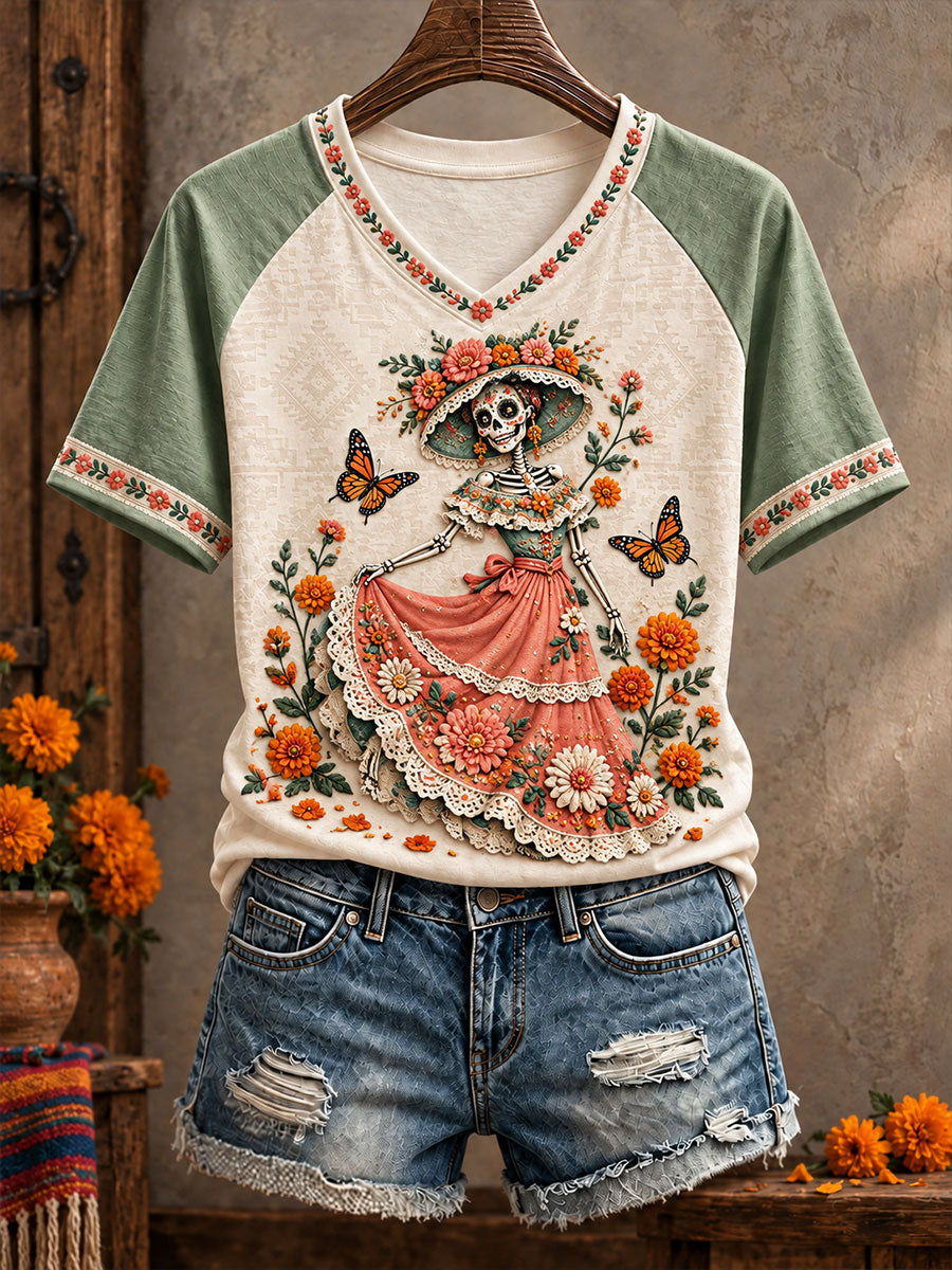 Women's Mexico Day of The Dead Floral Art Printed T-shirt