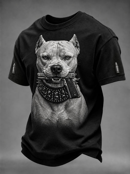 Men's Fierce Pit Bull with Gun Print Short Sleeves T-shirt