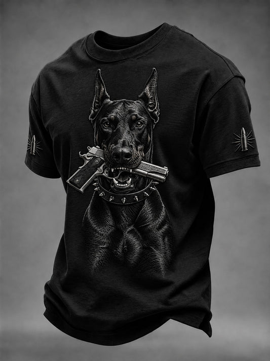Men's Fierce Doberman Dog with Gun Print Short Sleeves T-shirt