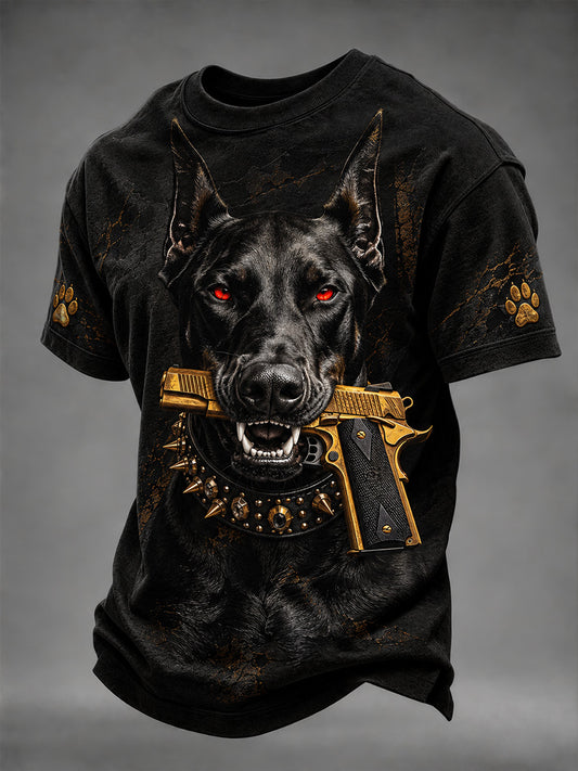 Men's Fierce Doberman Dog with Gun Print Short Sleeves T-shirt