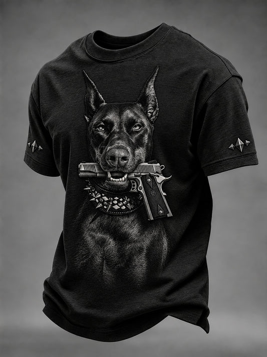 Men's Fierce Doberman Dog with Gun Print Short Sleeves T-shirt