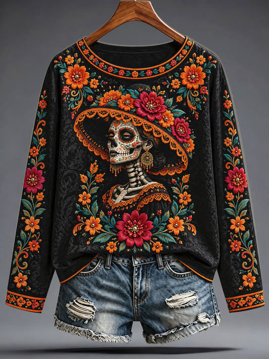 Women's Mexico Day of The Dead Floral Art Printed T-shirt