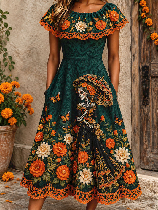 Women's Mexico Day of The Dead Floral Art Printed Dress