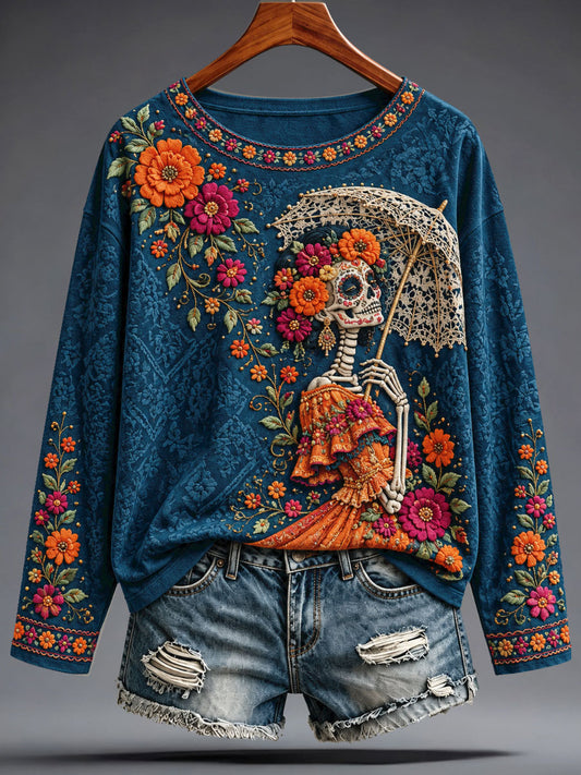 Women's Mexico Day of The Dead Floral Art Printed T-shirt