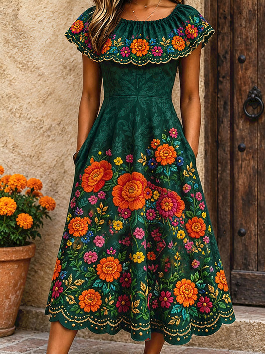 Women's Mexico Day of The Dead Floral Art Printed Dress
