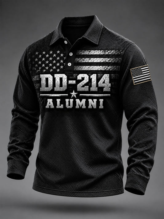 Men's Veterans Day DD-214 Alumni US Flag Print Casual Long Sleeve Polo