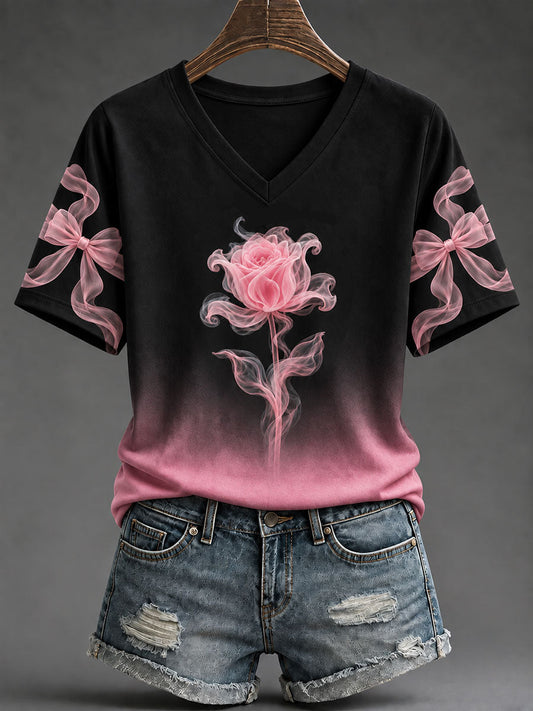 Women's Pink Rose Print Breast Cancer Awareness T-Shirt