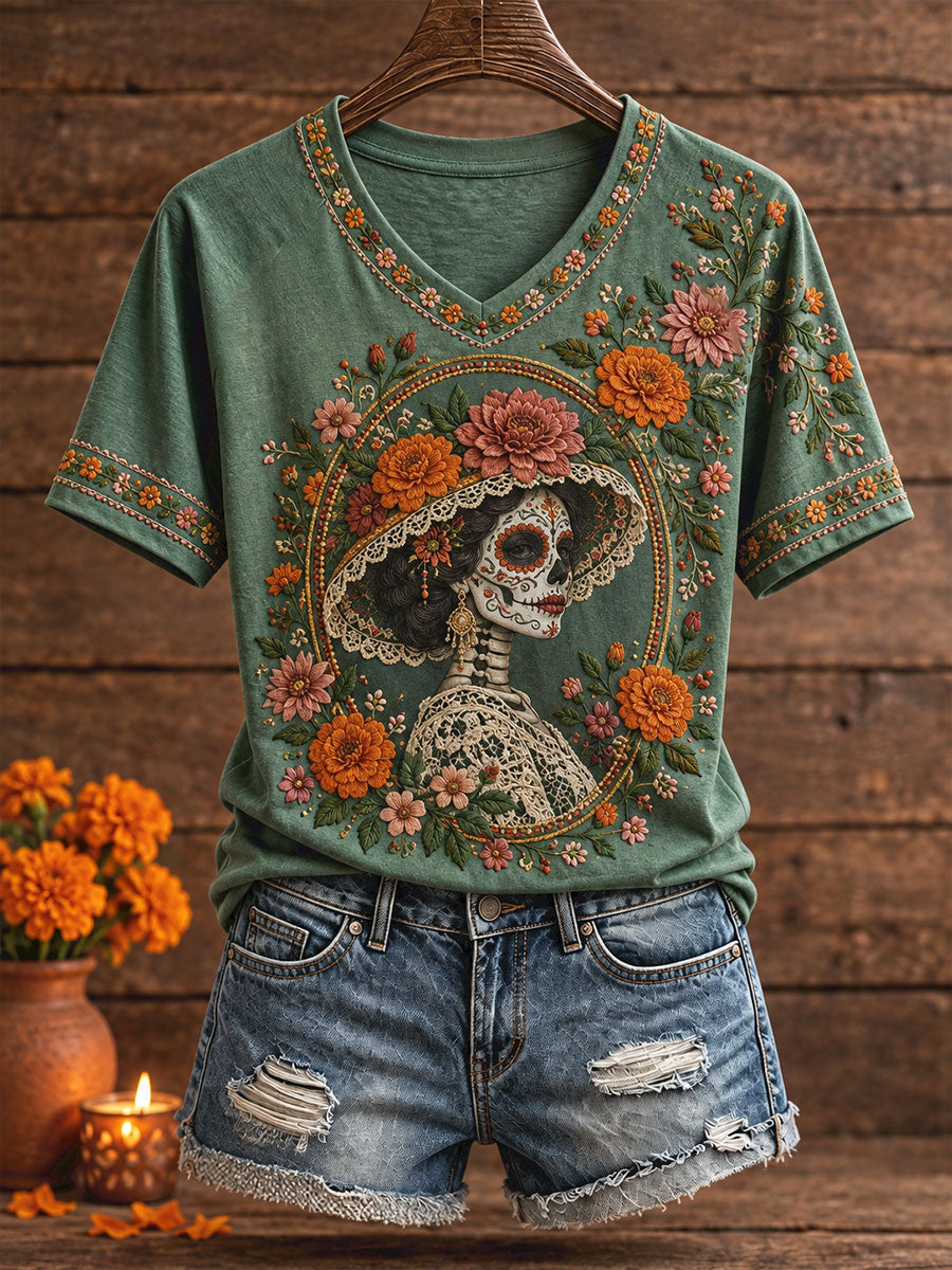 Women's Mexico Day of The Dead Floral Art Printed T-shirt