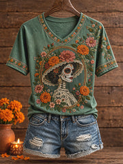 Women's Mexico Day of The Dead Floral Art Printed T-shirt